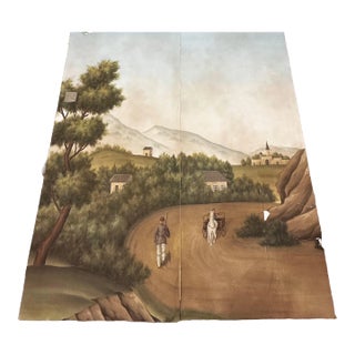 A Large Scale Gracie Hand Painted Panels Depicting Village Scene For Sale