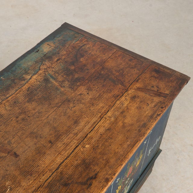 Wood 1926 Original Blue Hand-Painted Pine Flat Top Trunk For Sale - Image 7 of 15
