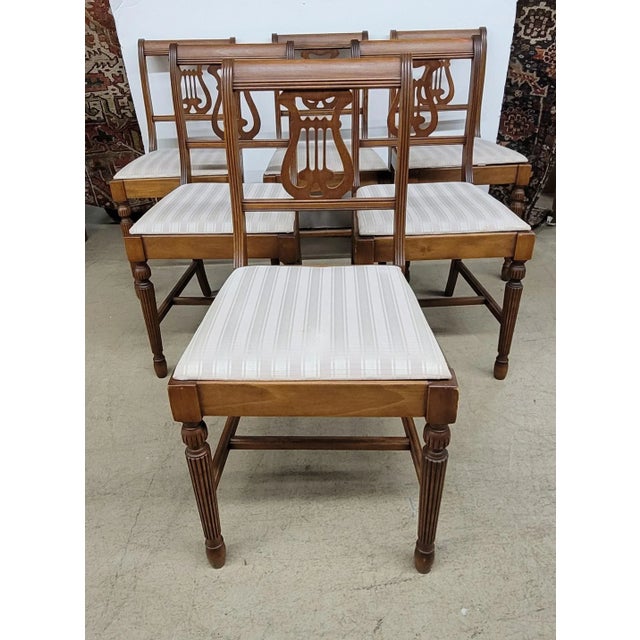 Set of Six 1930s Refinished Lyre-Back Mahogany and Upholstered Dining Chairs For Sale - Image 12 of 12