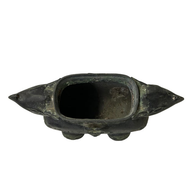 Black Green Bronze-Ware Ram Ox Ding Archaic Zoomorphic Ritual Vessel Display For Sale - Image 8 of 11