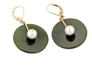 Jade & Pearls 14k Yellow Gold Disc Shape Dangle Earrings
