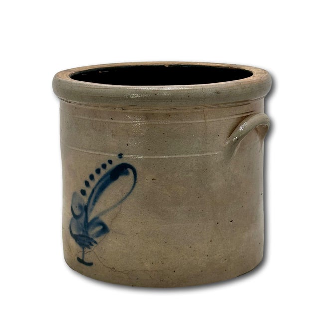 Ceramic Antique Small 1 Gallon Size American New England Blue Decorated Stoneware Storage Jar - Circa 1870s For Sale - Image 7 of 18