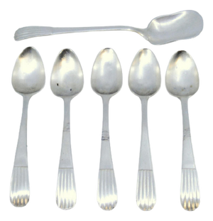 Silver Coffee Spoons and Sugar Scoop with Fluted Handles, Set of 6