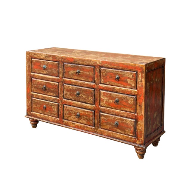Chinese Distressed Orange Brown 9 Drawers Dresser Cabinet For Sale - Image 9 of 11