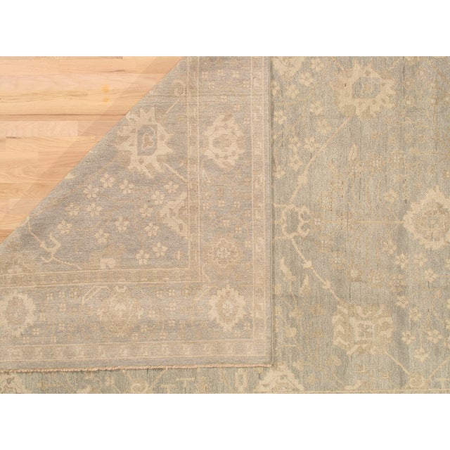 Textile Vintage Oushak Carpet, Oriental Rug, Handmade Green Grey, Ivory, Saffron For Sale - Image 7 of 18