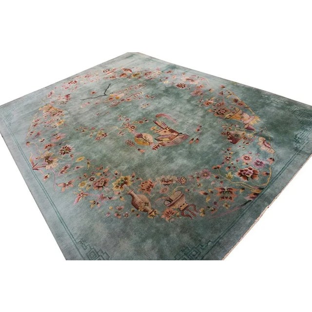 1920s 1920s Green Vase Floral Antique Chinese Art Deco Carpet 8'6" X 11'4" Knotted Wool Rug For Sale - Image 5 of 15