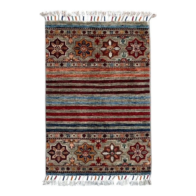 Hand-Knotted Tribal Geometric Wool Rug – 58"x87" For Sale
