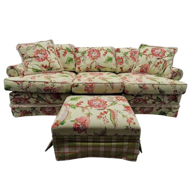 English Floral Upholstered Sofa With Ottoman in Cyrus Clark Linen, 1997 For Sale - Image 3 of 11