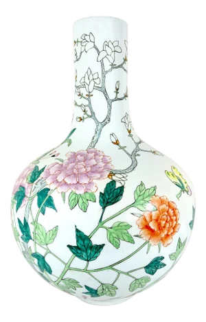 Large Chinese White Porcelain Flower Vase With Foliage & Butterflies, Tianqiuping, Signed H22"