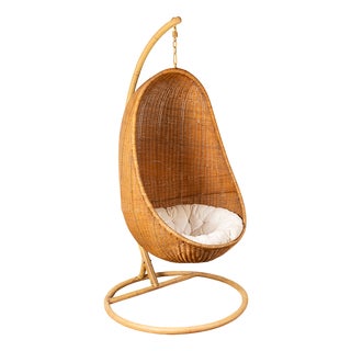 Danish Woven Rattan Armchair with Metal Stand attributed to Nanna Ditzel, 1960s For Sale