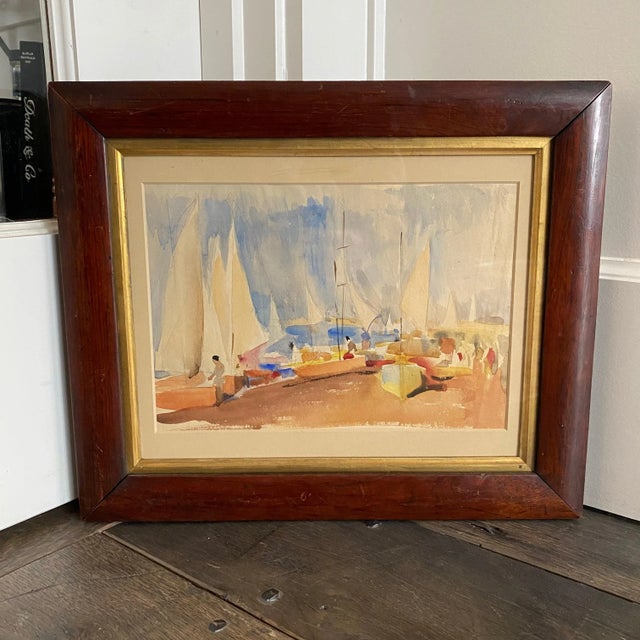 Beautifully done original watercolor by British listed artist Bernard Harper Wiles of a number of sailboats getting ready...