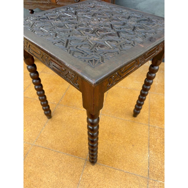 Brown Spanish Barley Twist Side Table with Geometric Carved Top, 1930s For Sale - Image 8 of 10