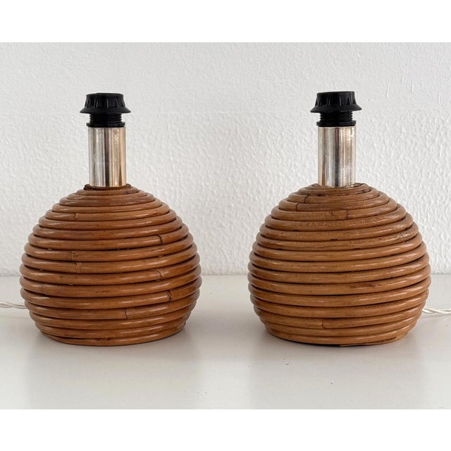 Very nice pair of table lamps made of rattan - bamboo with internal metal base. The spherical lamps are in very good...