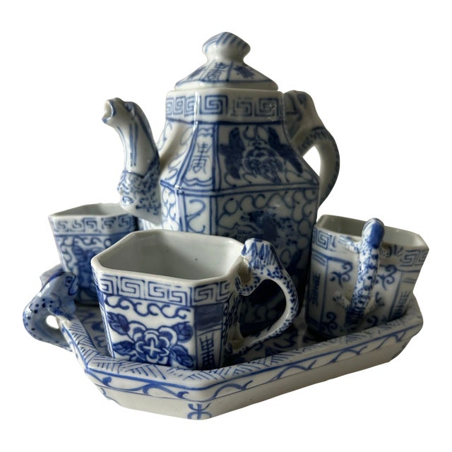 Vintage Porcelain Blue and White Chinese Dragon Tea Set- 6 Pieces For Sale