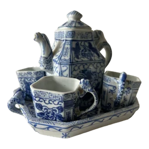Vintage Porcelain Blue and White Chinese Dragon Tea Set- 6 Pieces