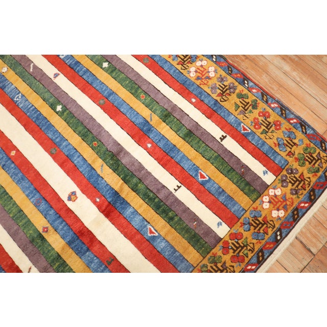 Blue Vintage Zabihi Collection Inspired Striped Turkish Konya Square Rug For Sale - Image 8 of 9