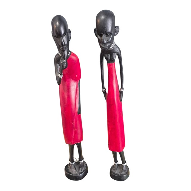 African Figural Couple Carved Painted Wood Tribal Maasi Statuettes For Sale - Image 10 of 10