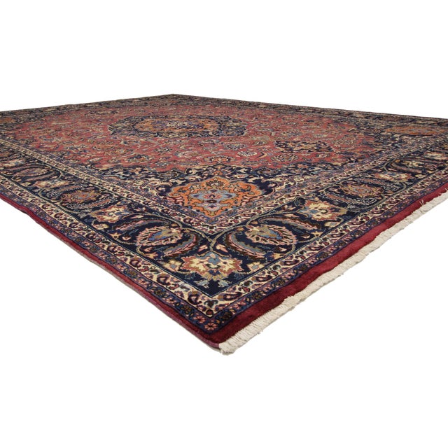 76419 Vintage Persian Mashhad Rug 09’07 x 12’10. Characterizing the lavish curvilinear style of Art Nouveau, this vintage...