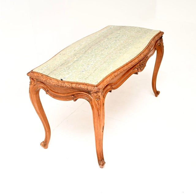 Vintage French Carved Walnut Coffee Table with Marble Top, 1930 For Sale - Image 4 of 11