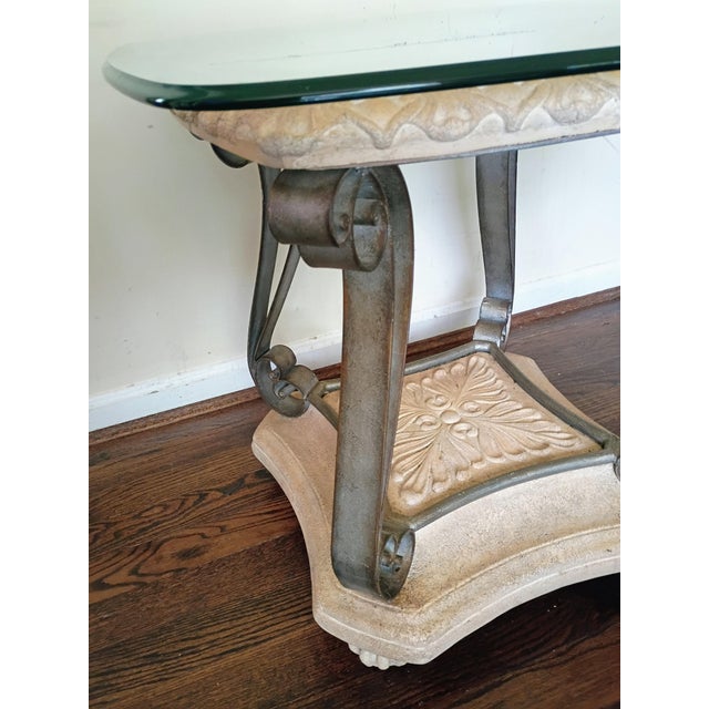 Mid-Century Modern 1980s Attributed to Thomasville Ornate Iron Glass Side/End Tables For Sale - Image 3 of 5