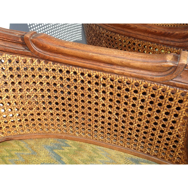 Pair of Vintage French Louis XVI Cane Bergere Green Arm Chairs For Sale - Image 10 of 12