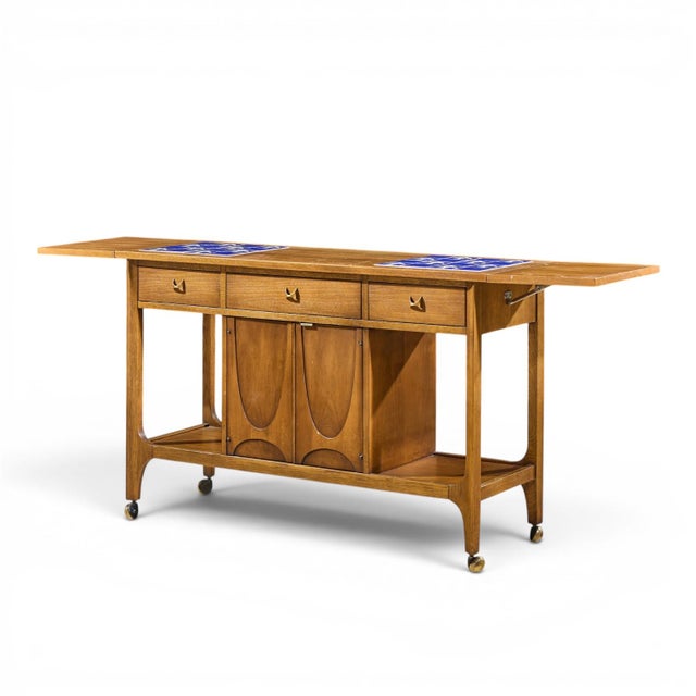 Wood Broyhill Brasilia Mid Century Walnut Bird Tiles Bar Cart For Sale - Image 7 of 12