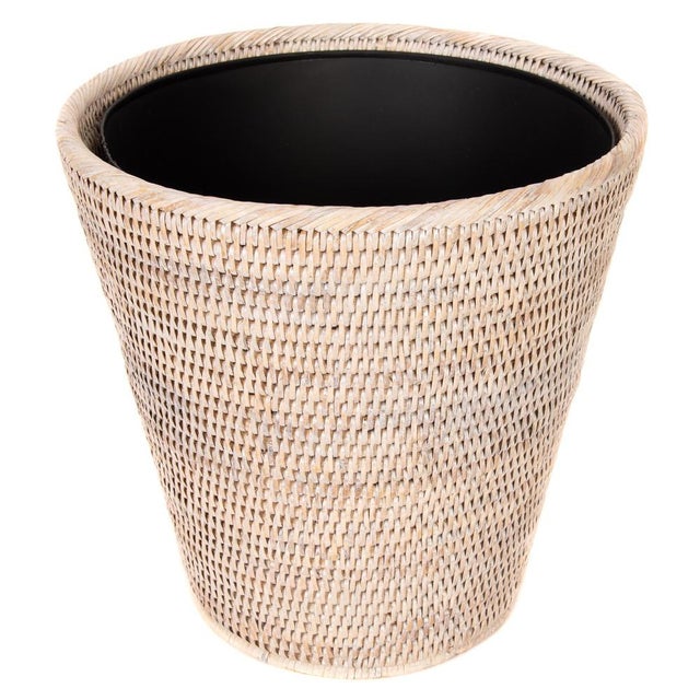 Wood Artifacts Rattan Round Tapered Waste Basket with Metal Liner in White Wash - 12" For Sale - Image 7 of 7