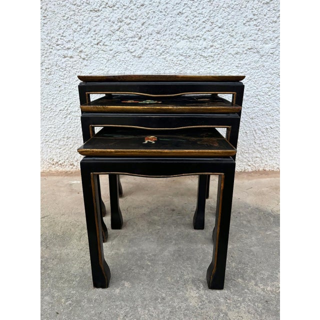 1960s Set of Three Antique Chinese Lacquered Nesting Tables For Sale - Image 9 of 11