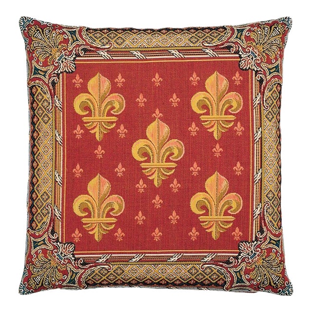 Fleur De Lys-Red Tapestry Cushion With Feather Filler - 46x46cm (18"x18") For Sale