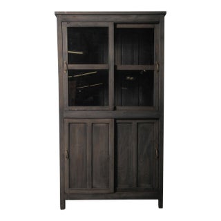 Charcoal Wood Cabinet With Glass Upper Doors For Sale