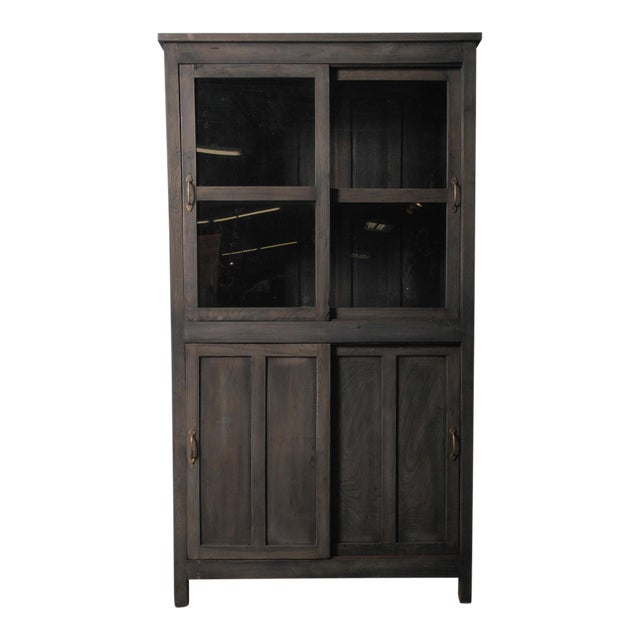 Charcoal Wood Cabinet With Glass Upper Doors For Sale