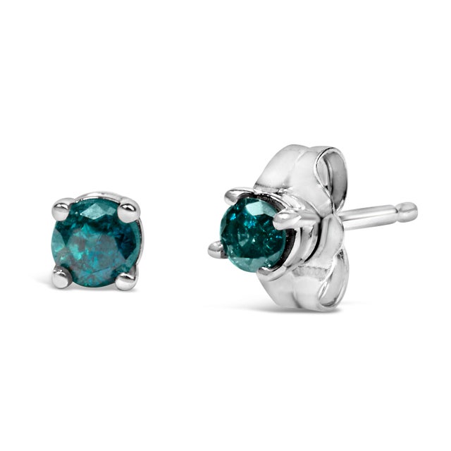 Contemporary 925 Sterling Silver Round Brilliant-Cut Blue Diamond Classic 4-Prong Stud Earrings, A Pair For Sale - Image 3 of 5