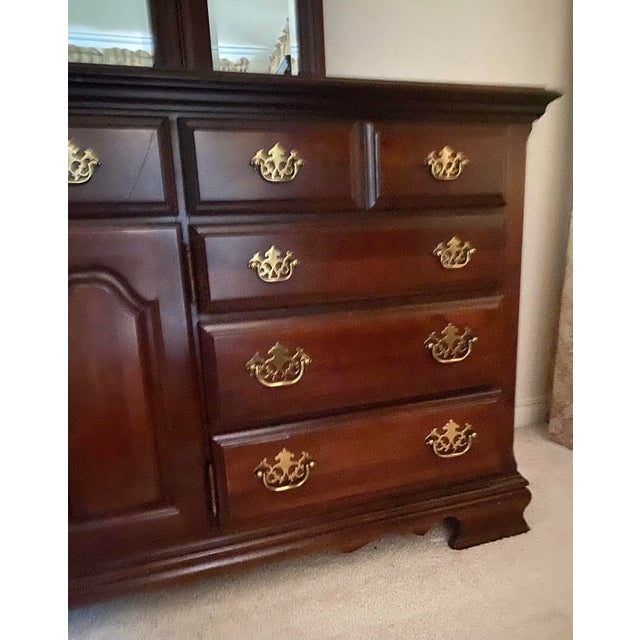 Late 20th Century Broyhill Premier Cherry Wood Triple Dresser & Triptych Split Swan-Neck Pediment Top Beveled Mirror Excellent “Mint” Condition For Sale - Image 16 of 18