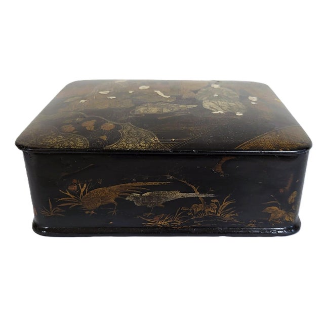 Wood Antique Japanese Black Lacquered Chinoiserie Gilt Painted Jewelry Box For Sale - Image 7 of 16