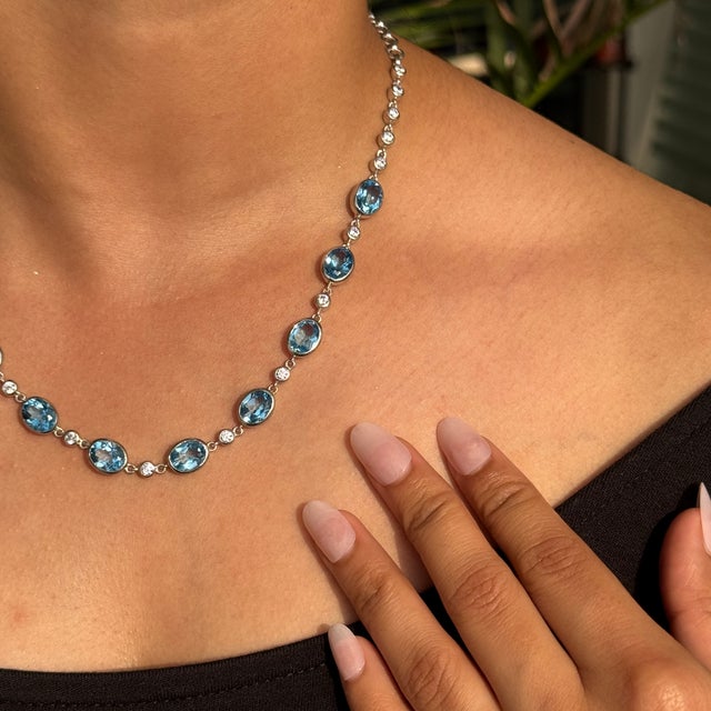 Oval Cut Blue Topaz Station Necklace With Curb Link Chain For Sale - Image 4 of 11