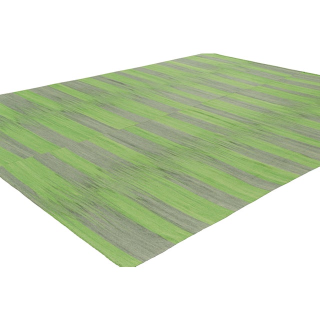 Rug & Kilim Rug & Kilim’s Contemporary Kilim in Green & Gray Stripes & Geometric Patterns For Sale - Image 4 of 7