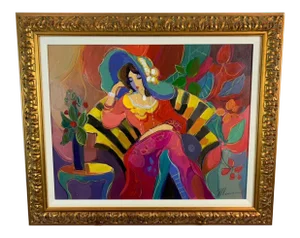Isaac Maimon Original of Sitting Woman in Yellow & Black Striped Chair