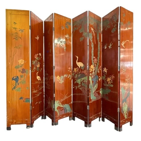 Eight-panel folding floor screen with a hand-painted chinoiserie design depicting cranes, songbirds, and flowering...