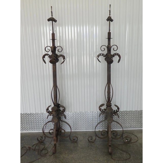 Vintage Wrought Iron Palm Beach Style Floor Lamps - a Pair For Sale - Image 10 of 13