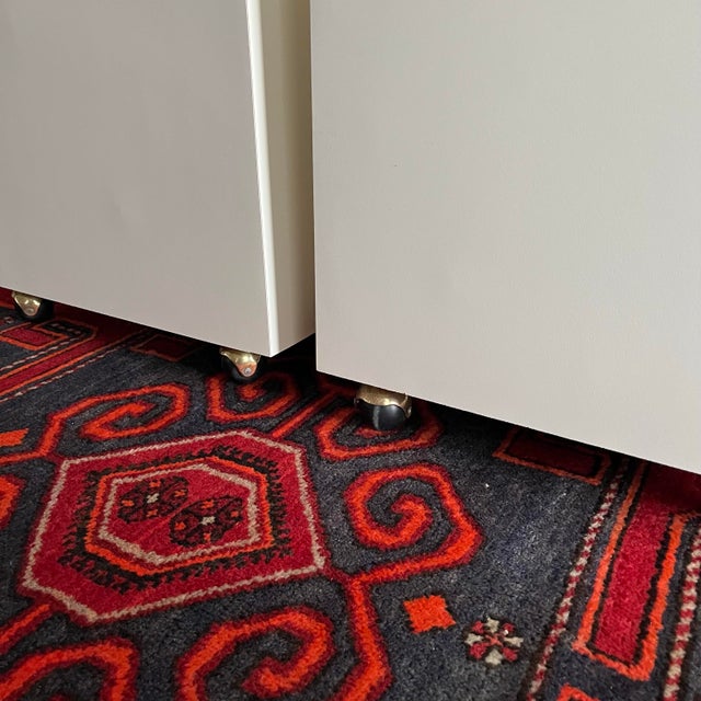 White Vintage Postmodern Side Tables / Nightstands Cubes on Casters - A Pair For Sale - Image 8 of 11