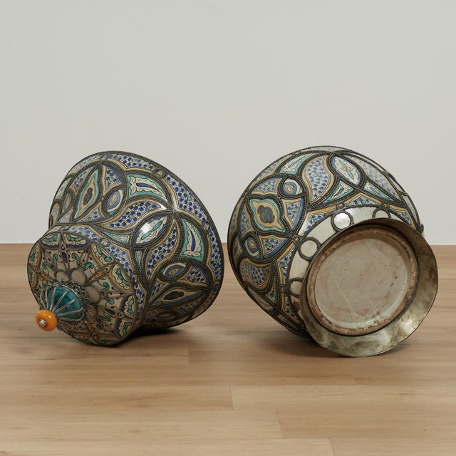 Metal Pair of Vintage Moroccan Terra Cotta and Metal Lidded Urns For Sale - Image 7 of 16
