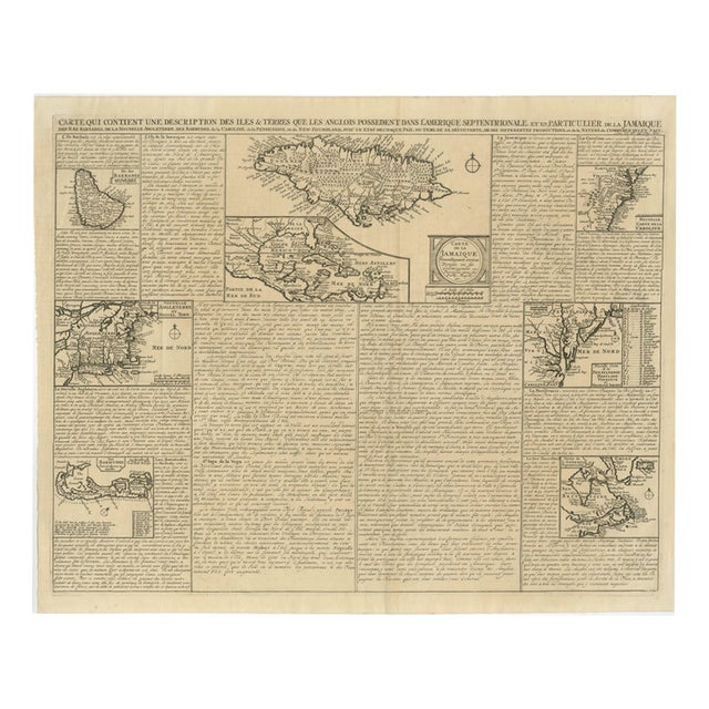 French Colonial America Map with Jamaica, Barbados and Carolina, 1719 For Sale