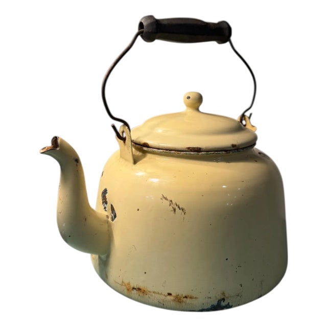 20th Century Rustic Enamel Yellow Tea Kettle Cottage Decor or Planter For Sale