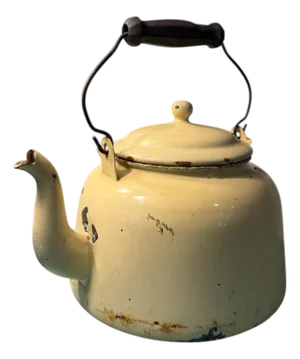 20th Century Rustic Enamel Yellow Tea Kettle Cottage Decor or Planter