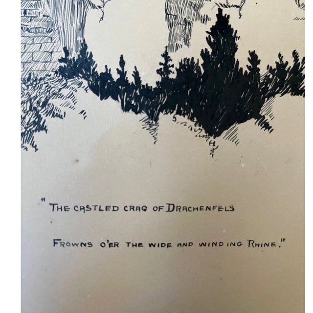 Antique White Original 1921 Pen & Ink Illustration Milly Possoz Lord Byron Drachenfels Castle For Sale - Image 8 of 8
