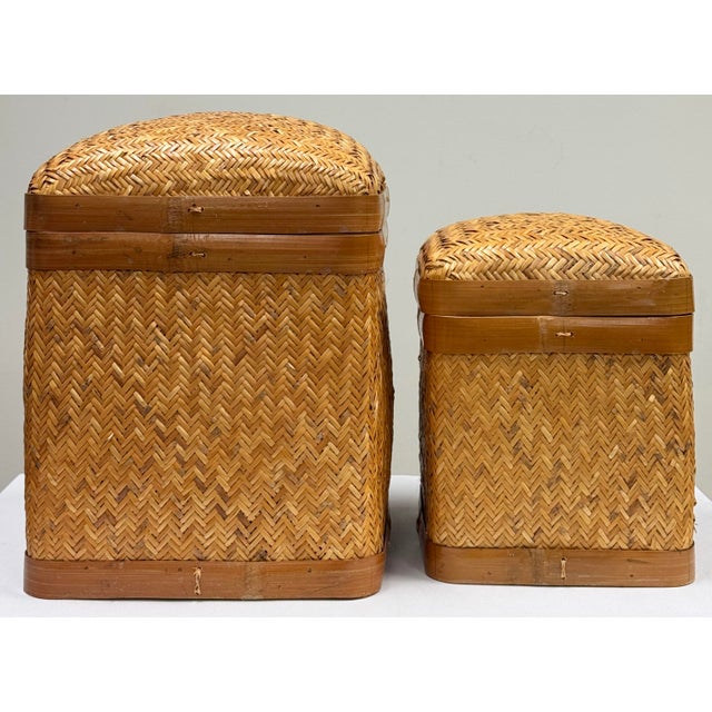 Asian Vintage Lidded Woven Wicker Nesting Baskets, Pair For Sale - Image 3 of 5