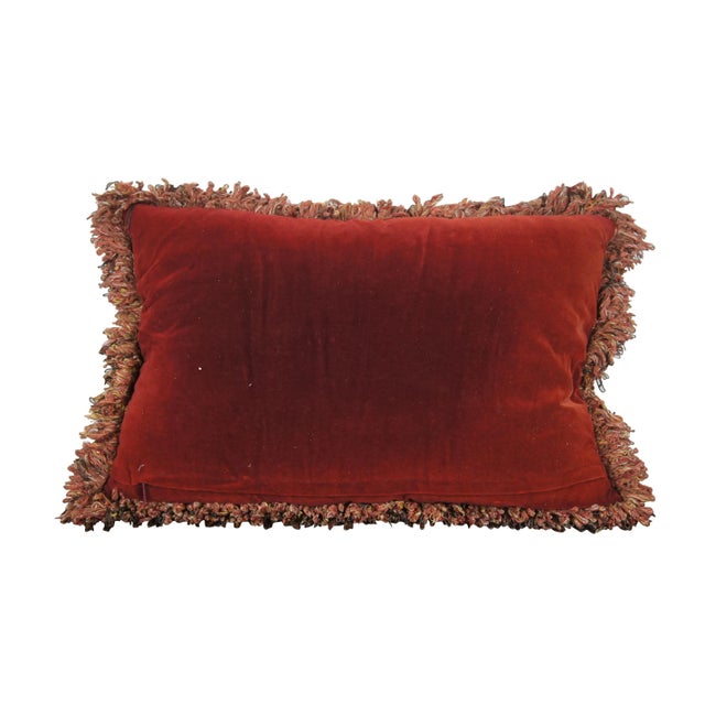 French Mid 20th Century Down Filled Red Velvet Floral Rose Embroidered Lumbar Throw Pillow For Sale - Image 3 of 10