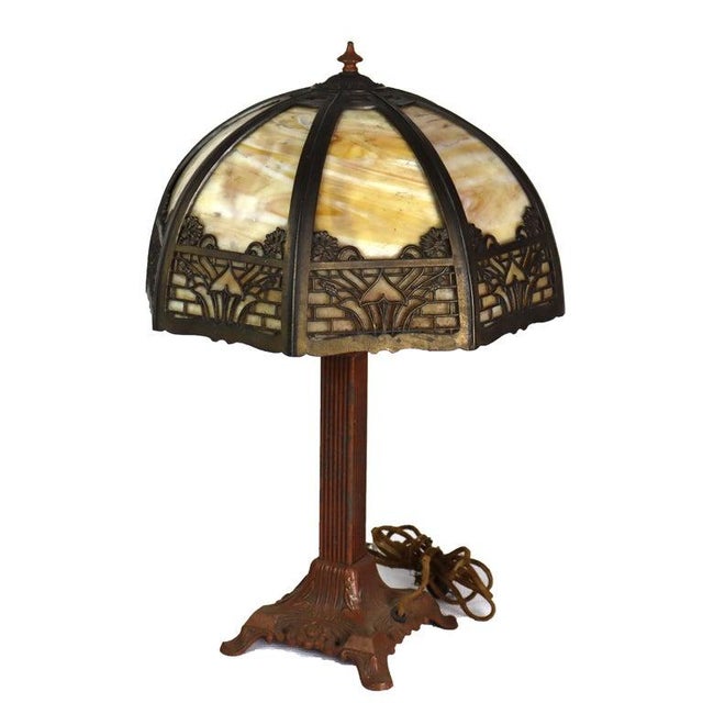 Gold Arts & Crafts Bradley & Hubbard Style 8-Panel Slag Glass Table Lamp C1920 For Sale - Image 8 of 10
