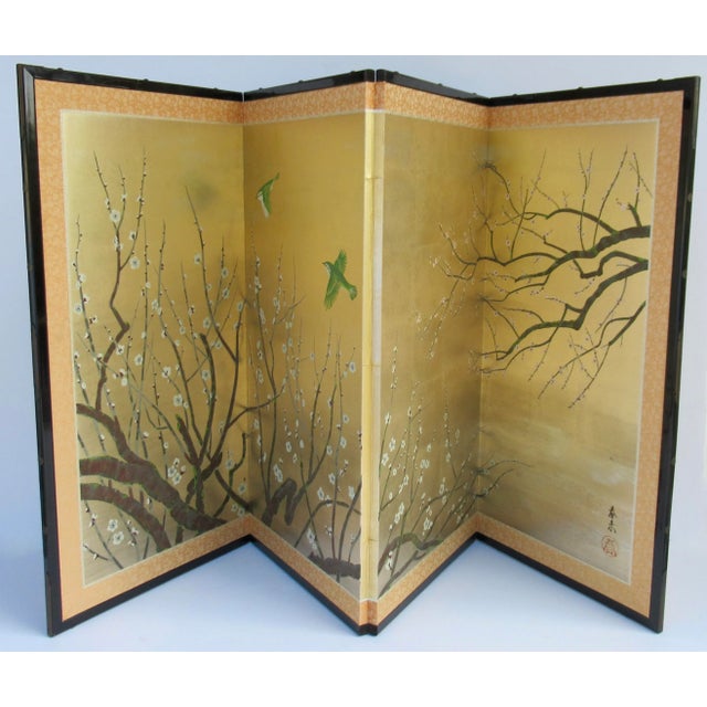 Vintage: C.1970's, Signed Chinese Hand-Painted, Silk Wall Screen. It consists of, a 4-Panel, gilt gold and silver leaf...