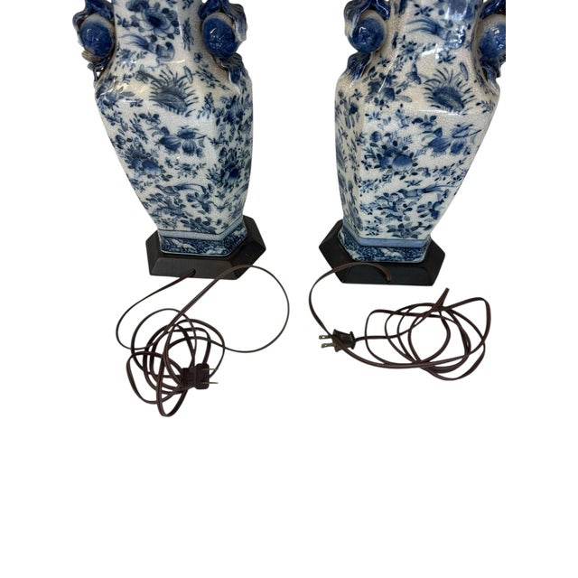 Pair of Antique Blue and White Floral Crackle-Glaze Vase Lamps With Floral Sculptural Handles For Sale - Image 11 of 12